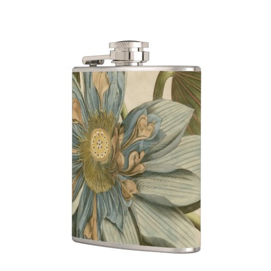 Blauwe Lotus-ventilator op Tan-achtergrond met sch Heupfles (Links)