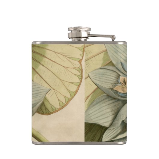 Blauwe Lotus-ventilator op Tan-achtergrond met sch Heupfles (Achterkant)