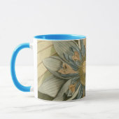 Blauwe Lotus-ventilator op Tan-achtergrond met sch Mok (Links)