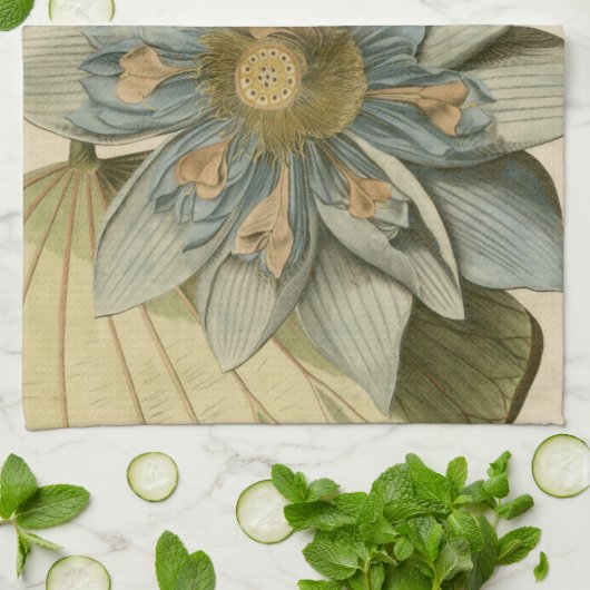 Blauwe Lotus-ventilator op Tan-achtergrond met sch Theedoek (Gevouwen)