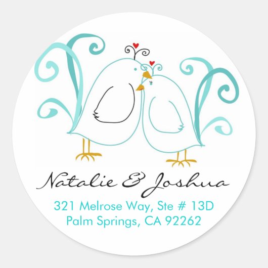 Blauwe Lovebirds & Blossoms Ronde Sticker (Voorkant)