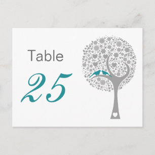 Blauwe Lovebirds Whimsical Trouwtafel nummers Briefkaart
