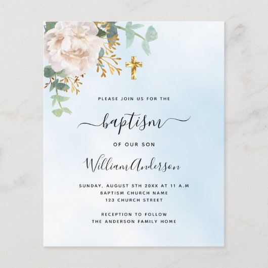 Blauwe lucht bloemeneucalyptus jongen doop uitnodi (Voorkant)