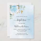 Blauwe lucht bloemeneucalyptus jongen kruis doop kaart (Voorkant)