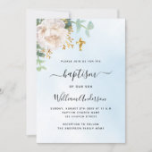 Blauwe lucht bloemeneucalyptus jongen kruis doop kaart (Voorkant)