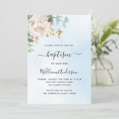 Blauwe lucht bloemeneucalyptus jongen kruis doop kaart (Staand voorkant)