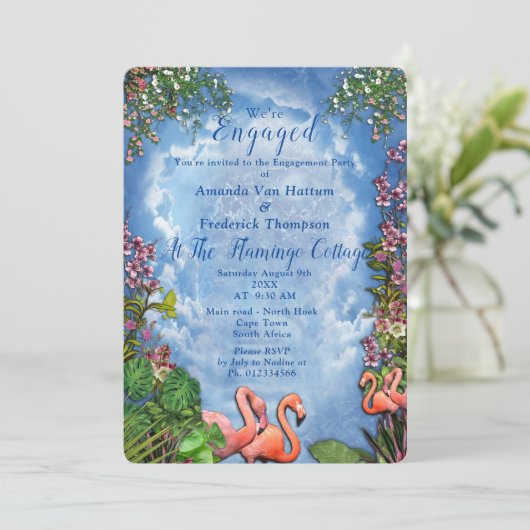 Blauwe lucht, fluffy Clouds en roze Flamingos Kaart (Staand voorkant)