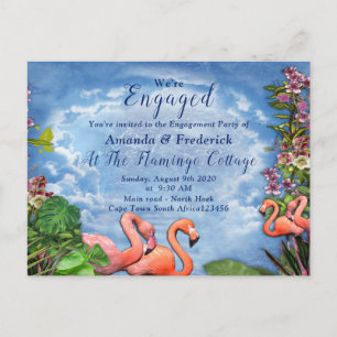 Blauwe lucht, fluffy Clouds en roze Flamingos Uitnodiging Briefkaart