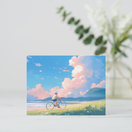 Blauwe lucht rijden op een fiets anime briefkaart (Staand voorkant)