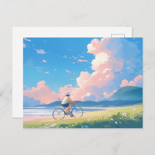 Blauwe lucht rijden op een fiets anime briefkaart (Voorkant / Achterkant)