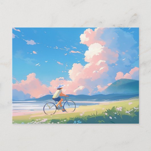 Blauwe lucht rijden op een fiets anime briefkaart (Voorkant)