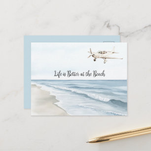 Blauwe Lucht Witte Vliegtuig Strand Oceaan Kust Briefkaart