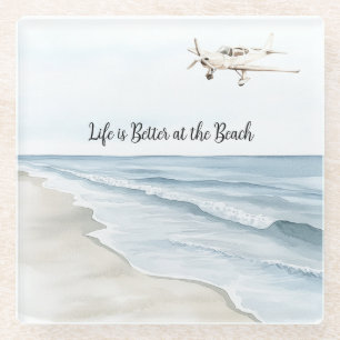 Blauwe Lucht Witte Vliegtuig Strand Oceaan Kust Glazen Onderzetter