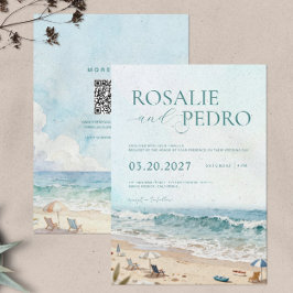Blauwe Lucht Zomer Strand Aquarel QR Code Bruiloft Kaart
