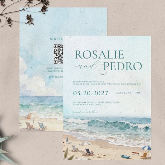 Blauwe Lucht Zomer Strand Aquarel QR Code Bruiloft Kaart