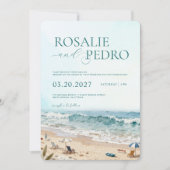 Blauwe Lucht Zomer Strand Aquarel QR Code Bruiloft Kaart (Voorkant)