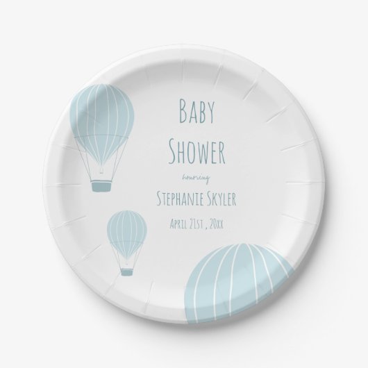 Blauwe luchtballon | Bord Baby shower papier (Voorkant)