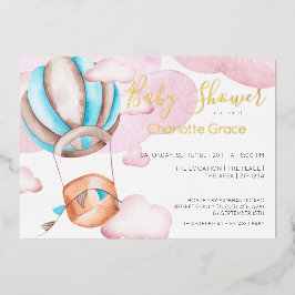 Blauwe luchtballon in het wolkenBaby shower Folie Uitnodiging