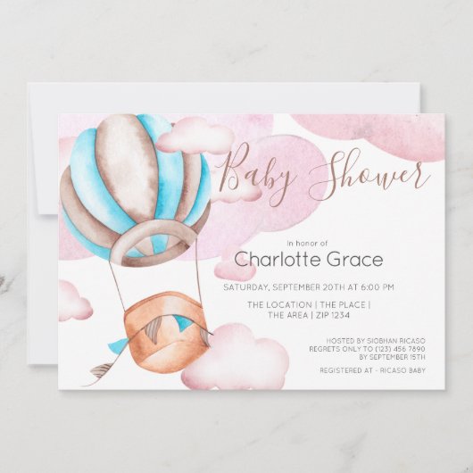Blauwe luchtballon in het wolkenBaby shower Kaart (Voorkant)