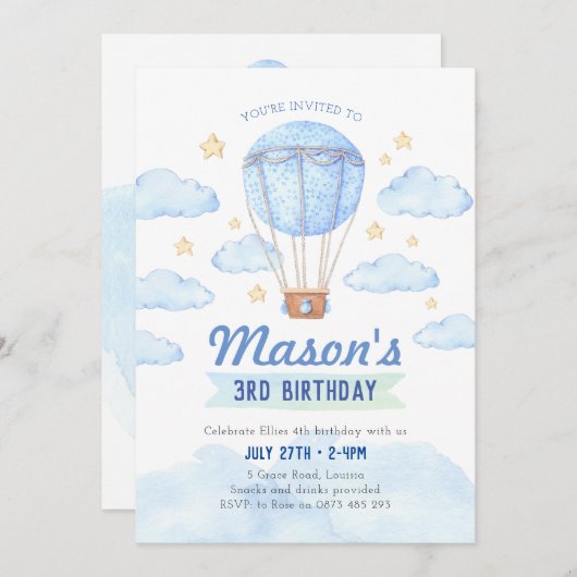 Blauwe Luchtballon uitnodiging, Jongen 1e verjaard Kaart (Voorkant / Achterkant)