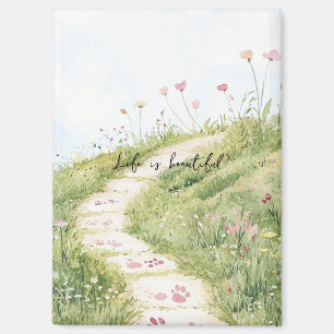 Blauwe Luchten Gras Pad Roze Bloemen Magneet