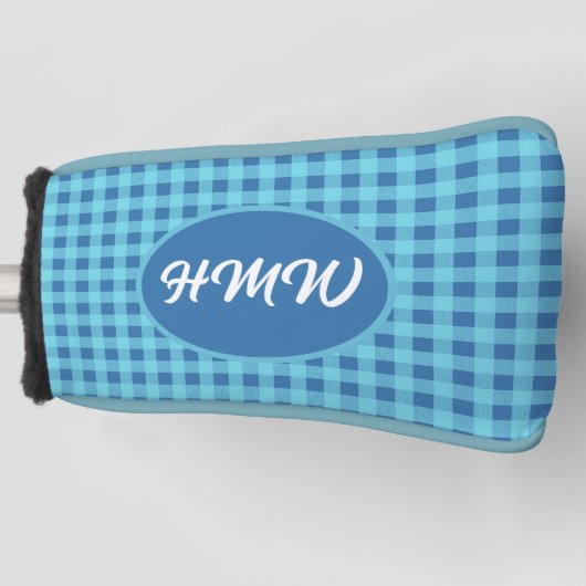 Blauwe luchten Plaid: Aangepaste Monogram Blade Pu Golfheadcover (Voorkant)