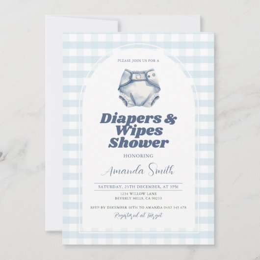 Blauwe luiers en doekjes Baby shower Blue Gingham Kaart (Voorkant)