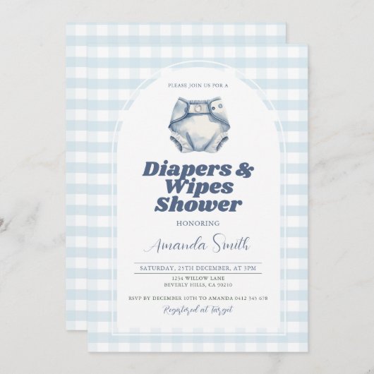 Blauwe luiers en doekjes Baby shower Blue Gingham Kaart (Voorkant / Achterkant)