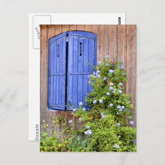 Blauwe luiken en bloemen briefkaart (Voorkant / Achterkant)