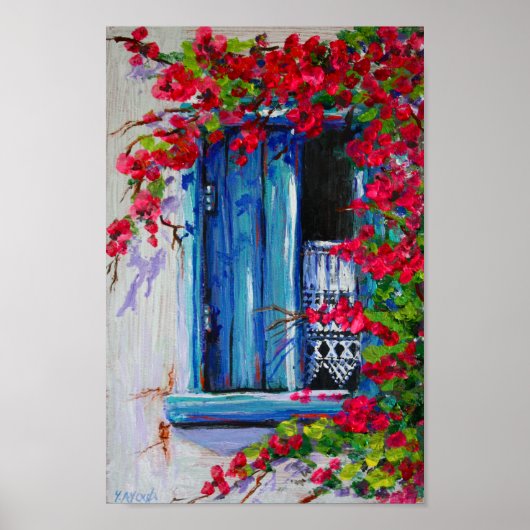 Blauwe luiken met Bougainvillea Poster (Voorkant)