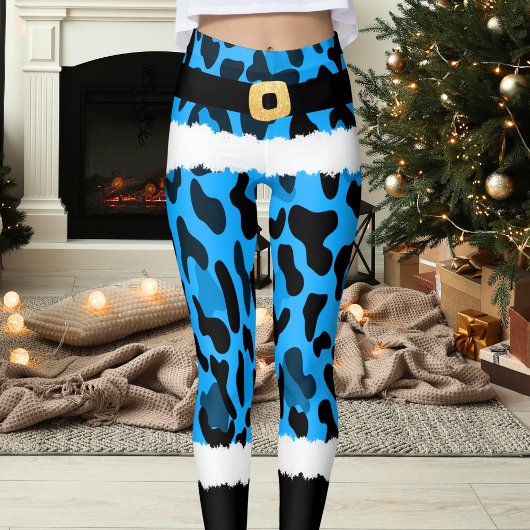 Blauwe Luipaard Print Kerstman Kostuum Kerstmis Leggings