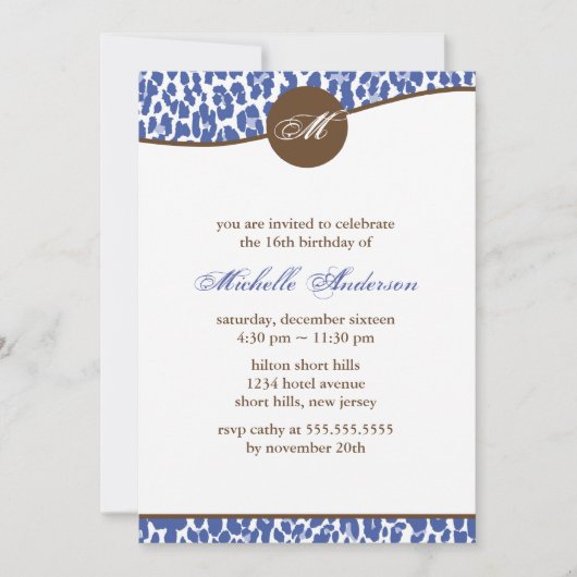 Blauwe Luipaard Print Monogram Verjaardag Kaart (Voorkant)