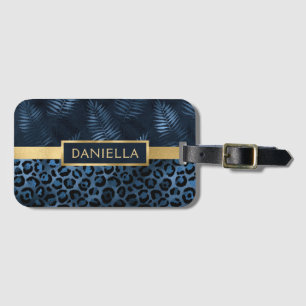 Blauwe luipaard printplaat Tropische Floral naam Bagagelabel