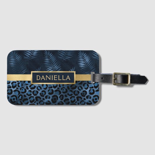 Blauwe luipaard printplaat Tropische Floral naam Bagagelabel (Voorkant (horizontaal))