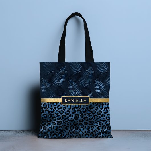 Blauwe luipaard printplaat Tropische Floral naam Tote Bag