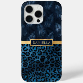 Blauwe Luipaardprint Glitter Tropische Bloem Naam iPhone 15 Pro Max Hoesje