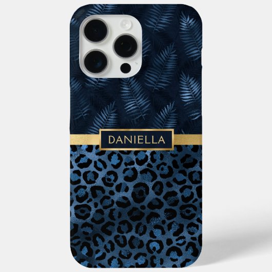 Blauwe Luipaardprint Glitter Tropische Bloem Naam Case-Mate iPhone Case (Achterkant)