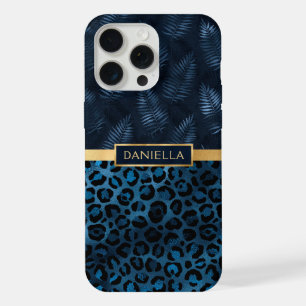 Blauwe Luipaardprint Glitter Tropische Bloem Naam iPhone 15 Pro Max Case