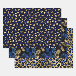 Blauwe Luipaardprint met Gouden Tropische Bladeren Inpakpapier Vel