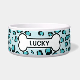 Blauwe Luipaardprint Tekening Met Bot En Naam Voerbakje