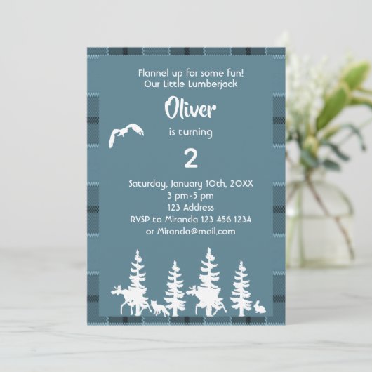 Blauwe lumberjack 2e verjaardag uitnodiging (Staand voorkant)