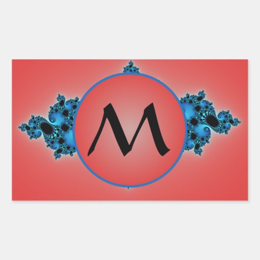 Blauwe Lush, fractal arabesk met rood monogram Rechthoekige Sticker (Voorkant)