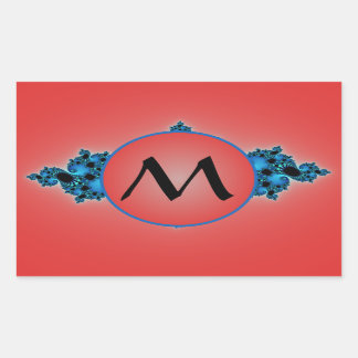 Blauwe Lush, fractal arabesk met rood monogram Rechthoekige Sticker