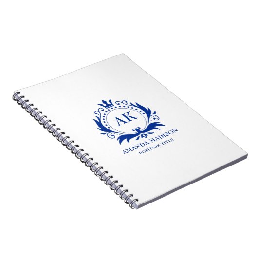 Blauwe Luxe Kroon Bruiloft Monogram Notitieboek (Rechterzijde)