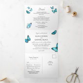 Blauwe luxe vlinders. Elegant airy Wedding Drieluik Uitnodiging (Binnen)