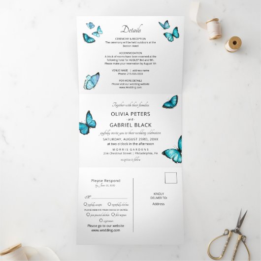 Blauwe luxe vlinders. Elegant airy Wedding Drieluik Uitnodiging (Binnen)