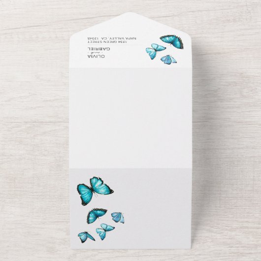 Blauwe luxe vlinders. Elegante luchtige Trouwdag All In One Uitnodiging (Buitenkant)