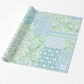 Blauwe Maagdenpalm Bloemen Vintage Nep Patchwork Cadeaupapier (Uitgerold)