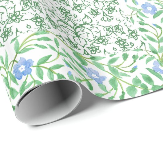 Blauwe Maagdenpalm Bloemen Vintage Nep Patchwork Cadeaupapier (Rol Hoek)