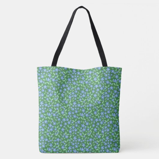Blauwe maagdenpalm Ditsy bloemmotief op groen Tote Bag (Achterkant)